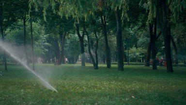 <strong>自动</strong>洒水装置系统<strong>浇水</strong>绿色草坪上阳光明媚的夏天一天公园