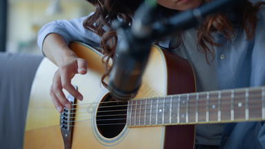 女孩手指弹奏字符串吉他女人记录吉他声音