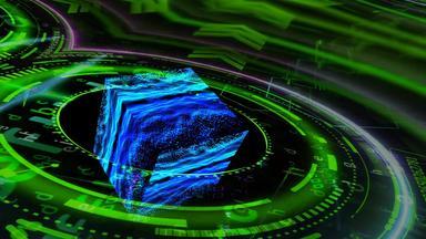 量子未来主义的技术电脑绿色数字多维数据集反射摘要黑暗洞穴波形声音音频音乐振荡