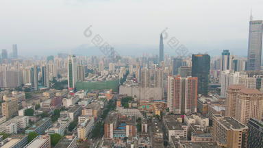 深圳城市罗湖福田区天际线中国空中视图无人机苍蝇向后向上
