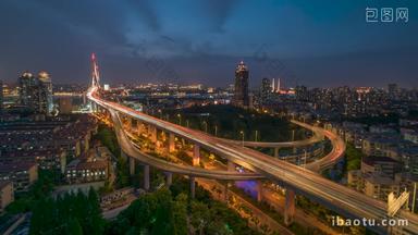 上海杨浦<strong>大桥</strong>日转夜晚霞固定延时摄影
