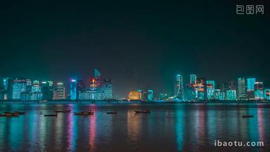 杭州杭州CBD夜景江边中景固定延时摄影