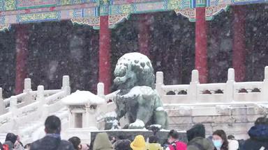 雪中故宫的铜狮子冬天法辨认的影像