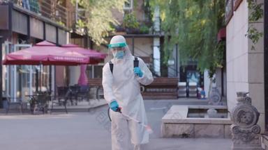 防疫人员用喷雾剂杀菌消毒细菌短片