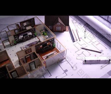 房屋样板间模型和图纸建筑结构办公桌实拍素材