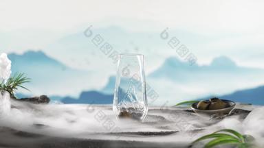 烟雾缭绕下的玻璃杯和茶叶天空拍摄