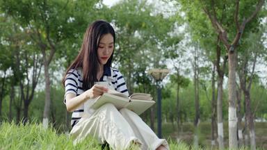 坐在草地上看书的大学生知识文化宣传片