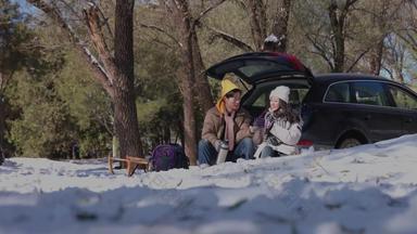 幸福情侣坐在雪地里朋友横屏视频素材