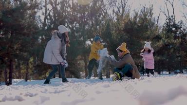 快乐家庭打雪仗冬天树林雪高清视频