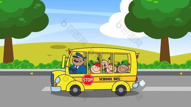 学校公共汽车快乐孩子们卡通字符学校