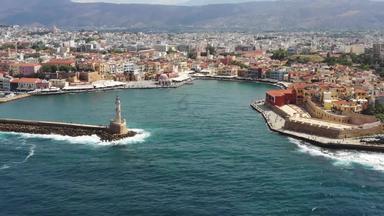 空中无人机视图视频标志性的风景如画的威尼斯港口有关著名的灯塔传统的字符克里特岛岛希腊体系结构威尼斯港口有关