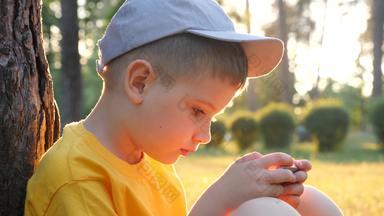 教育技术网络学习概念在线课程背景孩子坐着公园树阅读书玩游戏移动