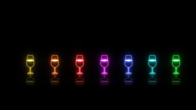 彩虹色彩斑斓的小香槟玻璃光霓虹灯标志元素跳循环文本反射效果黑色的屏幕