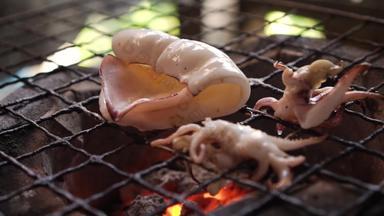 切片鱿鱼烧烤传统的炉子泰国海鲜菜单美味的味道泰国街食物菜单燃烧木炭热火焰下面热菜单好野餐慢运动