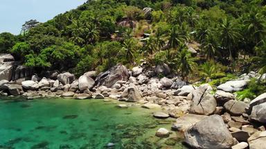 热带手掌石头小海滩绿色异国情调的手掌日益增长的岩石海岸平静蓝色的海欣黄湾阳光明媚的一天泰国KOH我异国情调的天堂岛