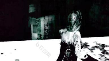 僵尸走令人毛骨悚然的可怕的低光脏室内恐怖场景动画