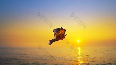 关闭彩色的玩具风筝飞行高空气黄金日落天空背景太阳海海滩