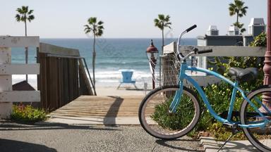 自行车巡洋舰自行车海洋海滩加州海岸美国夏季周期楼梯棕榈树