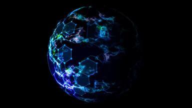 未来主义的数字聪明的锁着的摘要网络安全连接系统集成六角挂锁锁眼图标分析图球表面