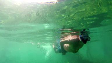 潜水潜水受欢迎的夏天旅游吸引力汉森男人。浮潜热带海