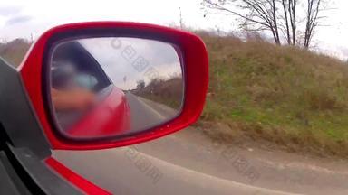 车视图一边镜子快红色的体育运动移动车辆