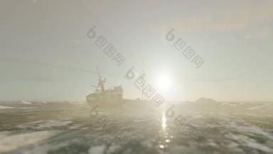 钓鱼船<strong>被困</strong>北极冰间隔拍摄日出无人机视图