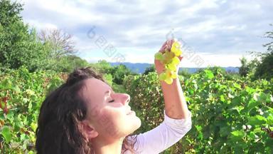美女女孩口味葡萄在户外葡萄园收获起重机拍摄