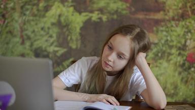 伤心女孩坐着前面移动PC学校笔记本距离首页学习思考女孩坐着工作场所前面笔记本屏幕在线教育