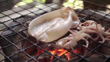 切片鱿鱼烧烤传统的炉子泰国海鲜菜单美味的味道泰国街食物菜单燃烧木炭热火焰下面热菜单好野餐时间