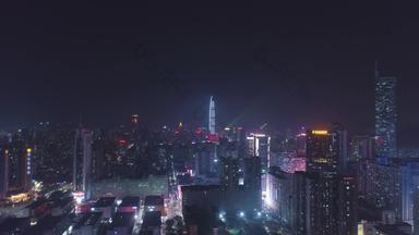 <strong>深圳城市</strong>天际线晚上福田罗湖区中国空中视图无人机苍蝇向后向上