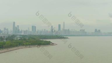 深圳湾城市城市景观中国媒介拍摄空中视图无人机苍蝇横盘整理向上