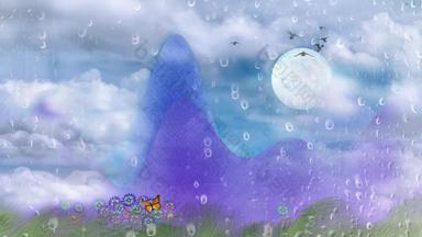 雏菊蝴蝶月亮多云的天空紫色的山