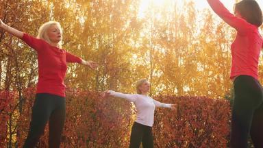 健身女人培训普拉提锻炼户外锻炼秋天公园瑜伽女人练习体式女类体育运动女人工作秋天一天