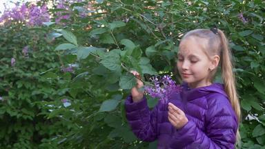 年轻的少年女孩紫色的夹克嗅探淡紫色花春天花园关闭肖像漂亮的女孩少年享受淡紫色花盛开的花园夏天一天