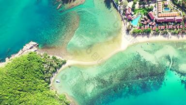 热带飞行清洁视图白色桑迪天堂海滩蓝色的海背景Res
