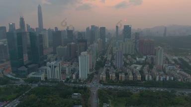 城市景观深圳城市日落福田区中国空中视图无人机苍蝇横盘整理相机倾斜