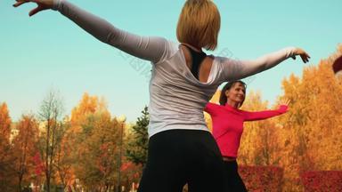 年轻的女人培训瑜伽锻炼教练秋天公园苗条的女人练习户外健身锻炼回来视图健身女人跳舞运动户外健身房