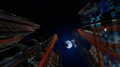 业务中心摩天大楼间隔拍摄晚上一天完整的月亮下午相机旋转
