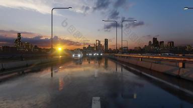 相机飞行交通高速公路包围水晚上城市日落