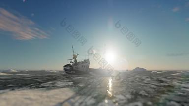 钓鱼船<strong>被困</strong>北极冰间隔拍摄日落无人机视图