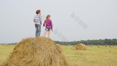 浪漫的夫妇倾斜回来干草堆收获场农村少年女孩男孩站干草堆背景农业场村