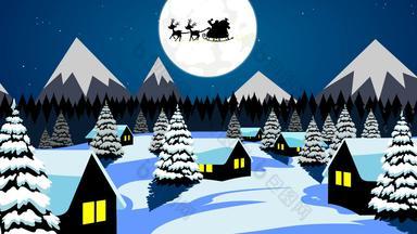 圣诞老人老人雪橇驯鹿飞行圣诞节晚上