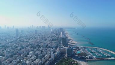 以色列天际线无人机全景空中视图海岸线电话特拉维夫现代业务城市酒店海滨海滩中间东天际轮廓线