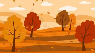 秋天景观动画树云下降叶子运动图形