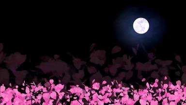 希几百万粉红色的樱花叶子旋转的东西下降地板上慢移动完整的月亮