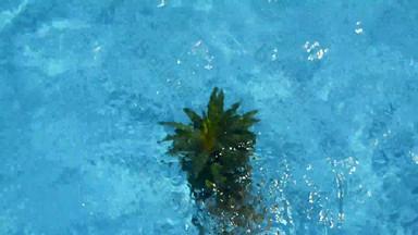 菠萝浮动蓝色的水游泳池健康的生有机食物多汁的水果异国情调的热带背景