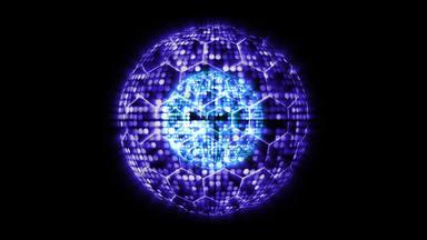 量子未来主义的电脑动画摘要紫罗兰色的球球光蓝色的核心可视化技术数字表面背景