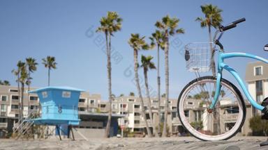 自行车巡洋舰自行车海洋海滩加州海岸美国夏季周期房子棕榈树