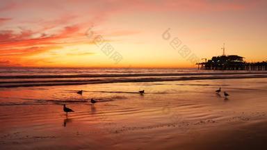 加州夏季海滩审美金日落生动的戏剧性的云太平洋海洋波圣诞老人莫妮卡受欢迎的度假胜地这些洛杉矶美国大气喜怒无常的紫色的晚上日落