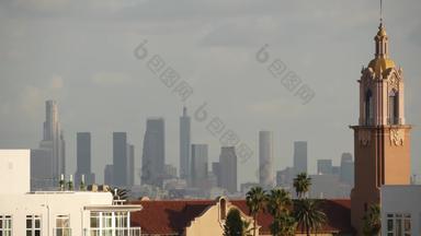高层建筑摩天大楼大都市烟雾这些洛杉矶加州美国空气有毒污染有雾的城市市中心天际线城市景观脏雾低可见性城市生态问题